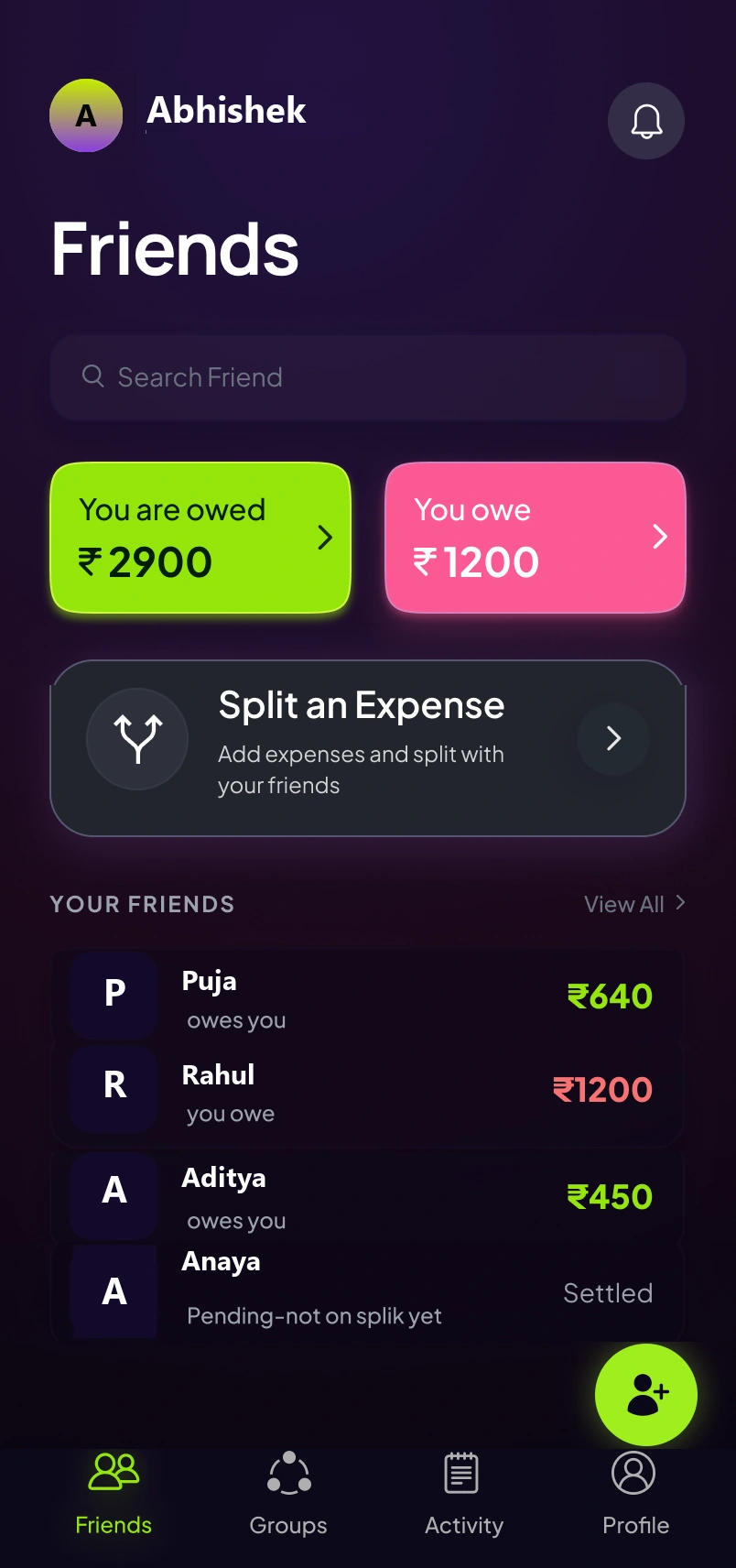 Splik Friends screen — who owes who